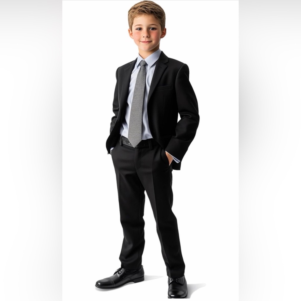 Haggar Boys' 4-Piece Suit, Dress Shirt & Tie Set Black/Blue Size: 12R (R14)